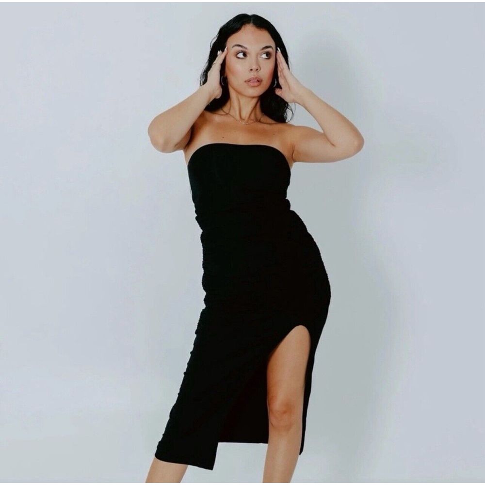 KLASSY NETWORK Tube‎ Top Brami Midi Dress Black Side Ruching Small